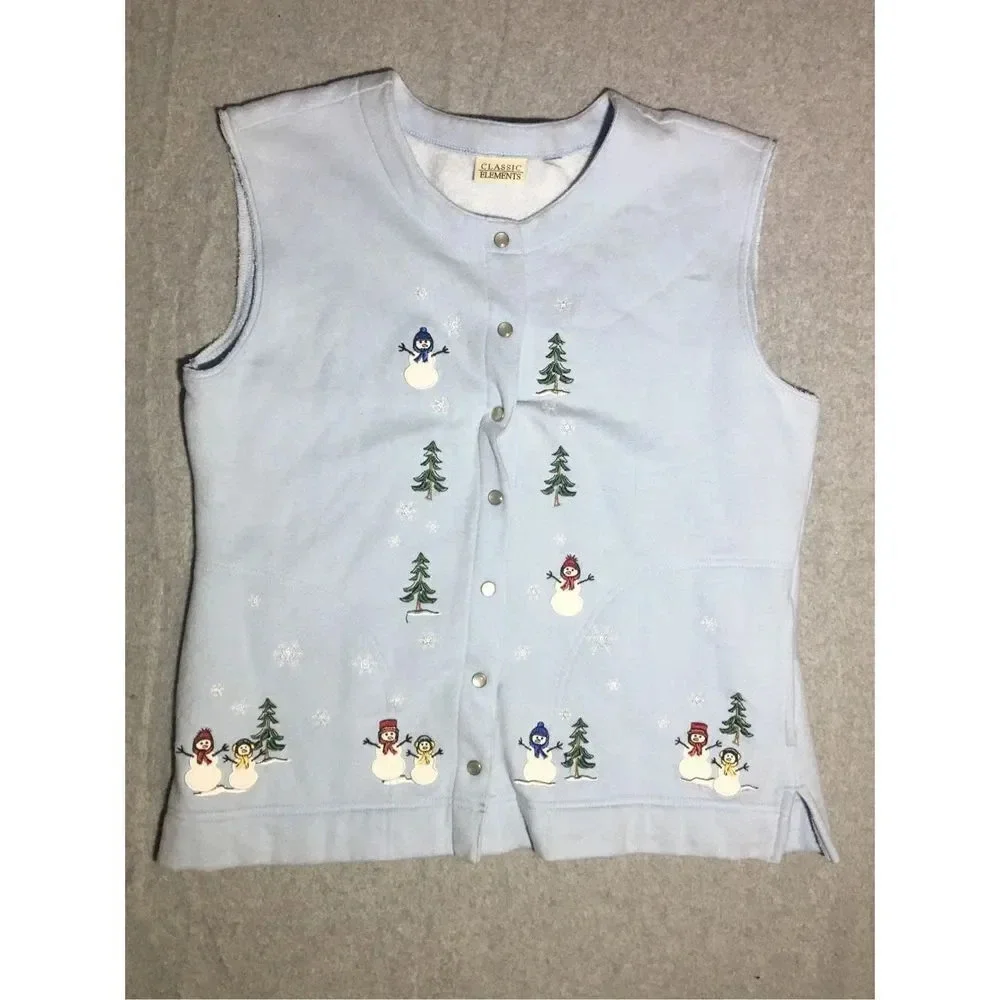 Womens Classic Elements Vest Size Large Blue Christmas Snow Snowman Cold Winter